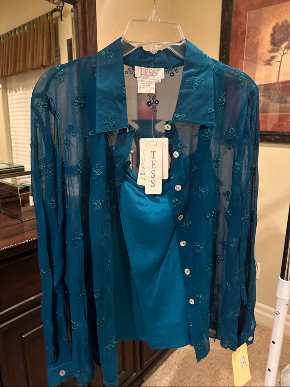 TESS Teal Embroidered Sheer Button-Up Blouse with Shell